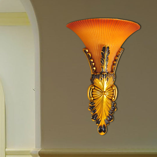 Traditional Style Yellow Glass Bell Wall Mount Sconce - 1 Light Corridor Lighting In Bronze/Gold