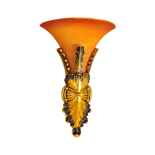 Traditional Style Yellow Glass Bell Wall Mount Sconce - 1 Light Corridor Lighting In Bronze/Gold