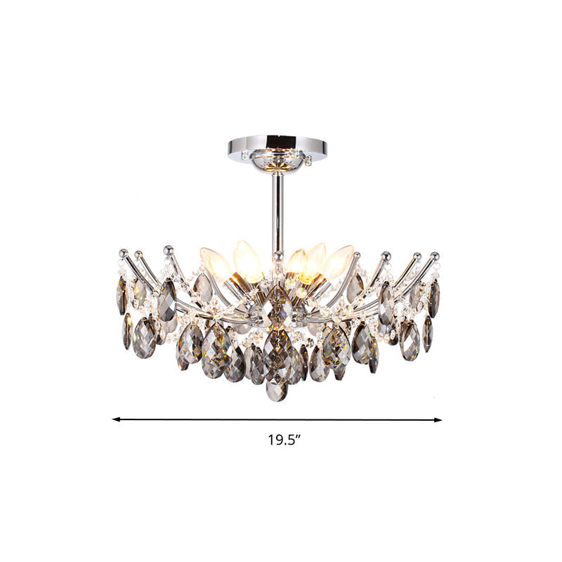 Lustre contemporain en forme de gouttelettes en chrome : lampe suspendue en cristal à 6 têtes