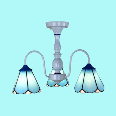 Blue/White Tiffany Ceiling Light with Stained Glass Cone Shade - 3 Lights, Curved Arm - Semi Flush Mount