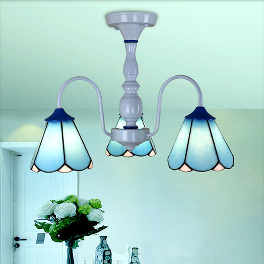 Blue/White Tiffany Ceiling Light with Stained Glass Cone Shade - 3 Lights, Curved Arm - Semi Flush Mount