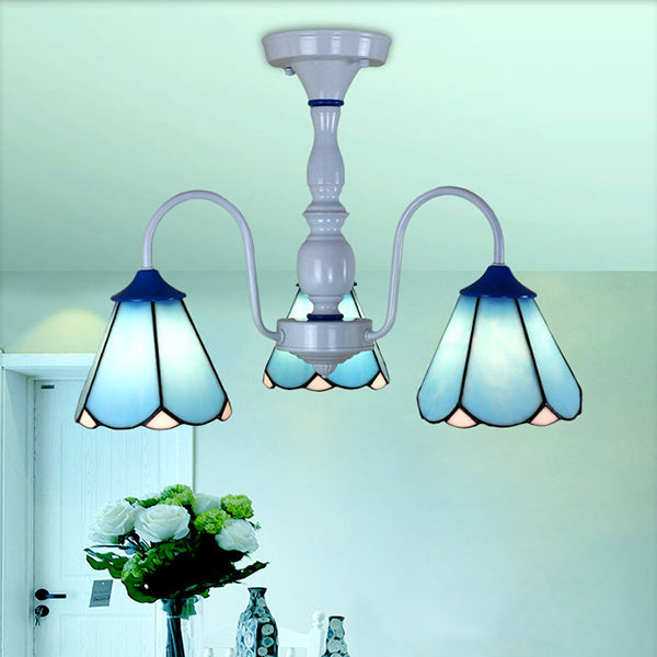 Blue/White Tiffany Ceiling Light With Stained Glass Cone Shade - 3 Lights Curved Arm Semi Flush