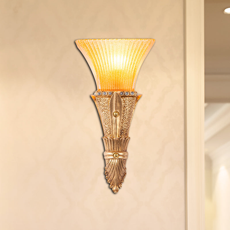 Flared Wall Mount Light: Traditional 1-Light Orange Glass & Resin Sconce In Gold For Corridor