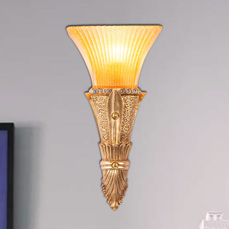 Flared Wall Mount Light: Traditional 1-Light Orange Glass & Resin Sconce In Gold For Corridor