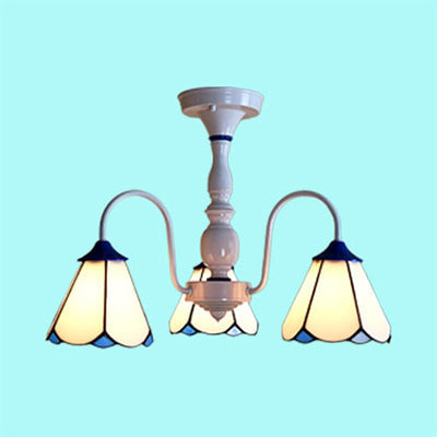 Blue/White Tiffany Ceiling Light with Stained Glass Cone Shade - 3 Lights, Curved Arm - Semi Flush Mount