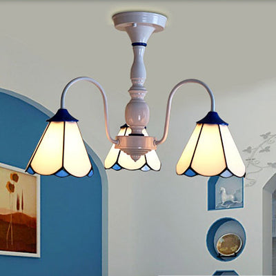 Blue/White Tiffany Ceiling Light with Stained Glass Cone Shade - 3 Lights, Curved Arm - Semi Flush Mount