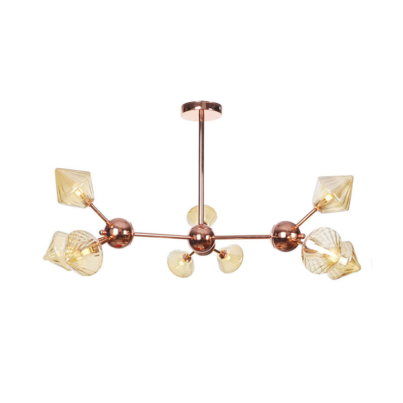 Diamond Farmhouse Chandelier Lamp - Amber/Clear Glass 3/9/12 Lights Hangs 13/27.5/34 Wide