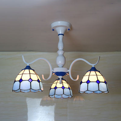 Stained Glass Tiffany Semi Flushmount in Blue/Orange for Foyer - 3/6-Light Dome Semi Flush Light