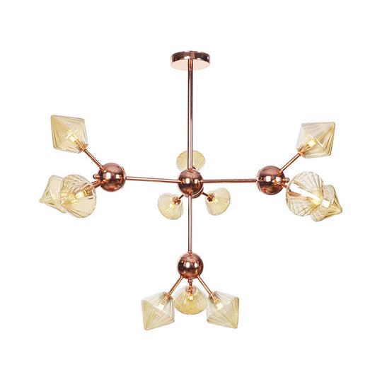 Diamond Farmhouse Chandelier Lamp - Amber/Clear Glass 3/9/12 Lights Hangs 13/27.5/34 Wide