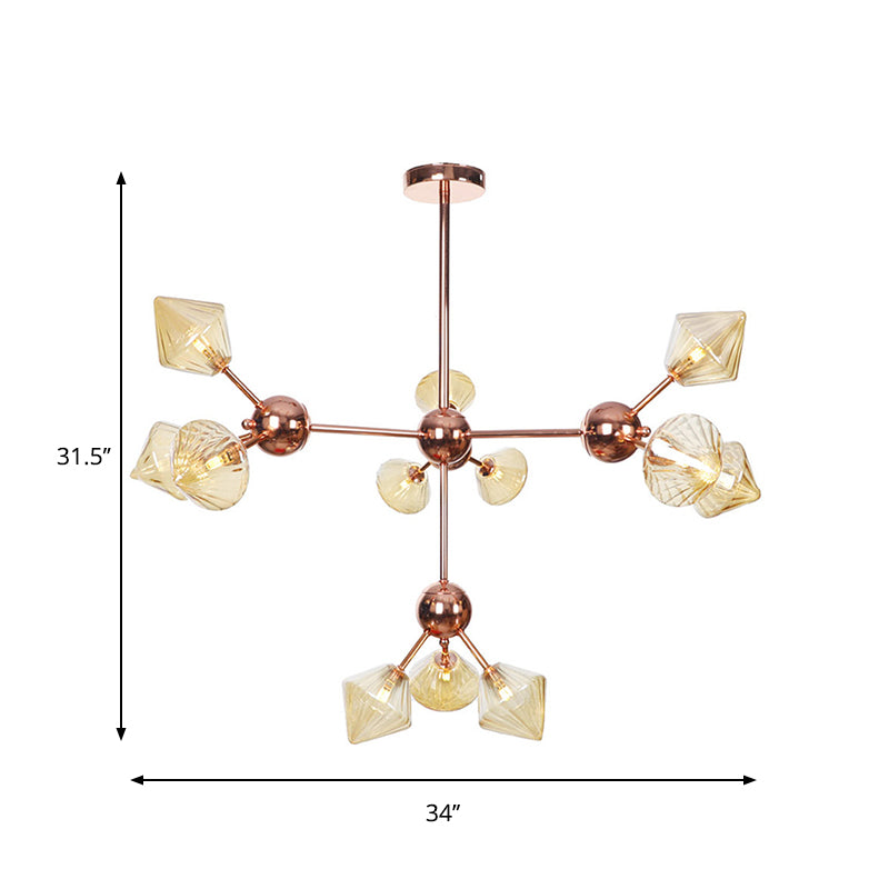 Diamond Farmhouse Chandelier Lamp - Amber/Clear Glass 3/9/12 Lights Hangs 13/27.5/34 Wide