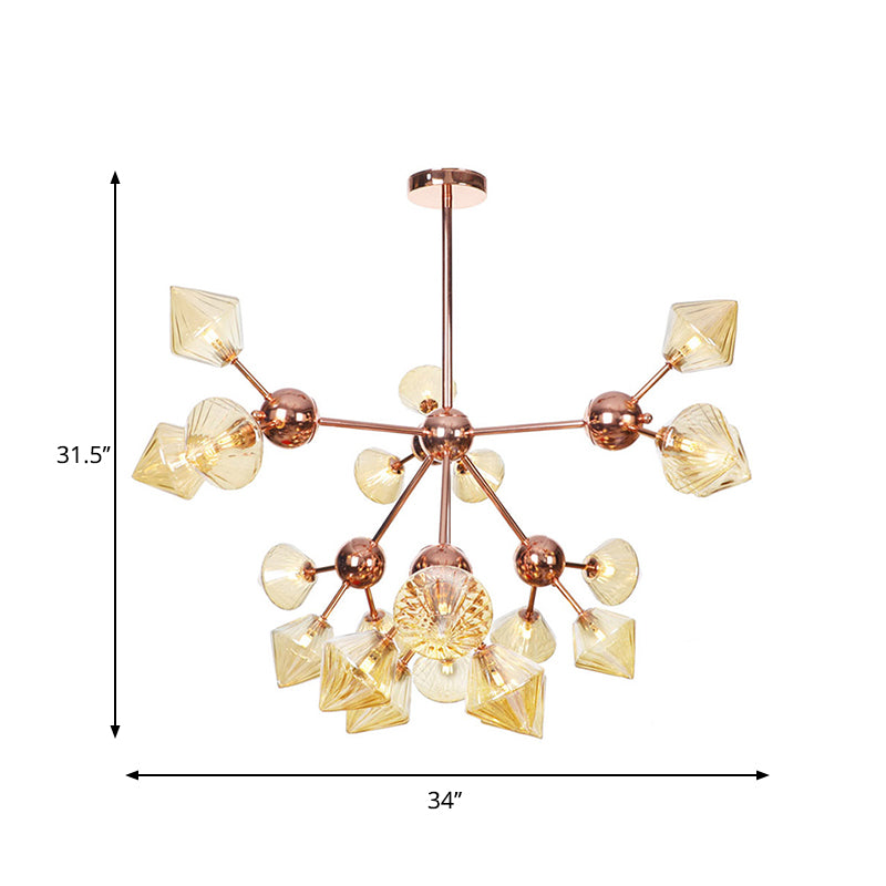 Diamond Farmhouse Chandelier Lamp - Amber/Clear Glass 3/9/12 Lights Hangs 13/27.5/34 Wide