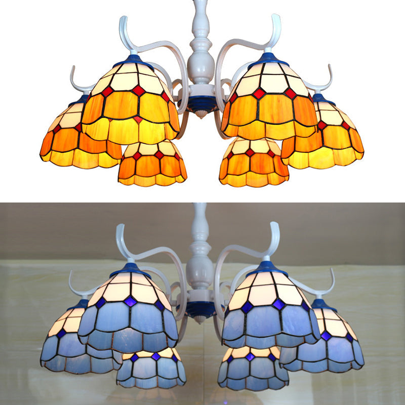 Stained Glass Tiffany Semi Flushmount in Blue/Orange for Foyer - 3/6-Light Dome Semi Flush Light