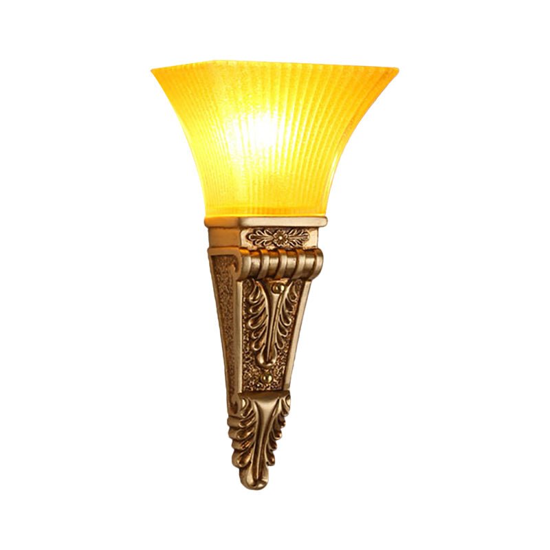 Modern Bell Wall Lighting - Yellow Glass And Resin Lamp In Gold/White For Foyer 14/19 W