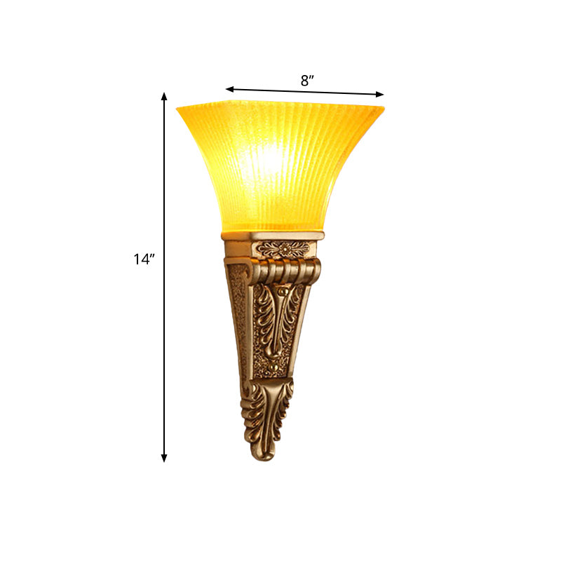 Modern Bell Wall Lighting - Yellow Glass And Resin Lamp In Gold/White For Foyer 14/19 W