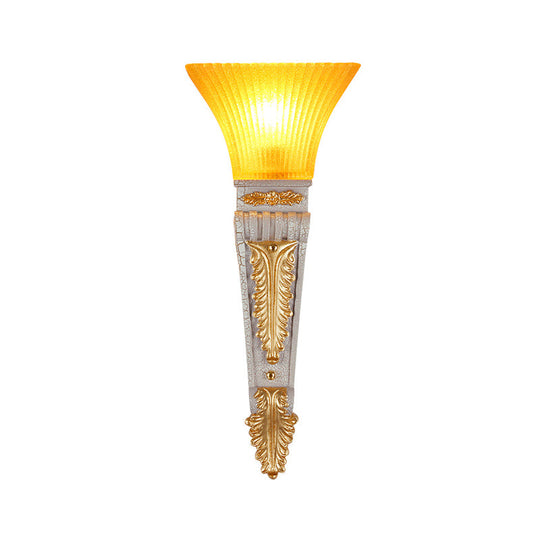 Modern Bell Wall Lighting - Yellow Glass And Resin Lamp In Gold/White For Foyer 14/19 W