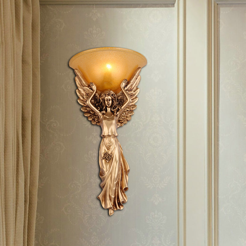 Modern Amber Glass Bowl Wall Lamp - 1 Light Bedroom Sconce With Gold/White Angel Design Gold