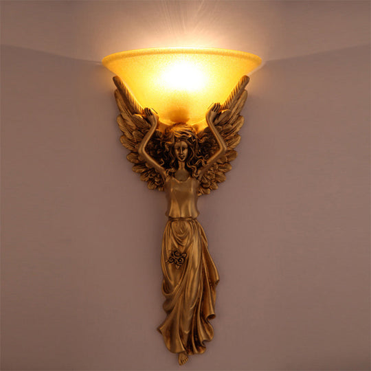 Modern Amber Glass Bowl Wall Lamp - 1 Light Bedroom Sconce With Gold/White Angel Design