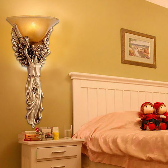 Modern Amber Glass Bowl Wall Lamp - 1 Light Bedroom Sconce With Gold/White Angel Design