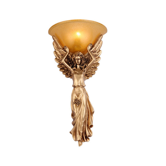 Modern Amber Glass Bowl Wall Lamp - 1 Light Bedroom Sconce With Gold/White Angel Design