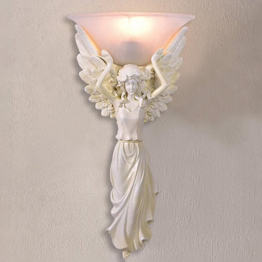 Modern Amber Glass Bowl Wall Lamp - 1 Light Bedroom Sconce With Gold/White Angel Design White