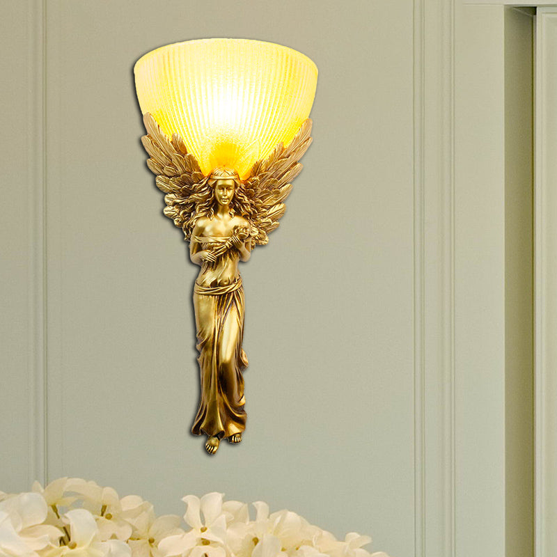 Country Style Resin Angel Sconce Light With Yellow Glass Shade - Gold/Silver/White Finish Gold