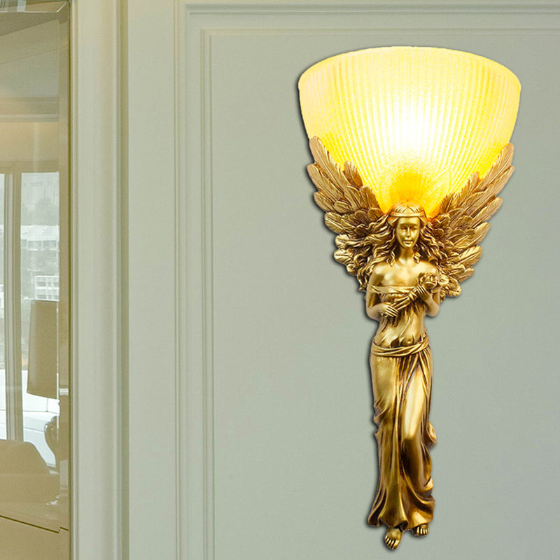 Country Style Resin Angel Sconce Light With Yellow Glass Shade - Gold/Silver/White Finish