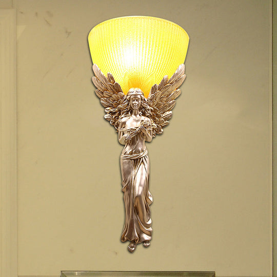 Country Style Resin Angel Sconce Light With Yellow Glass Shade - Gold/Silver/White Finish Silver