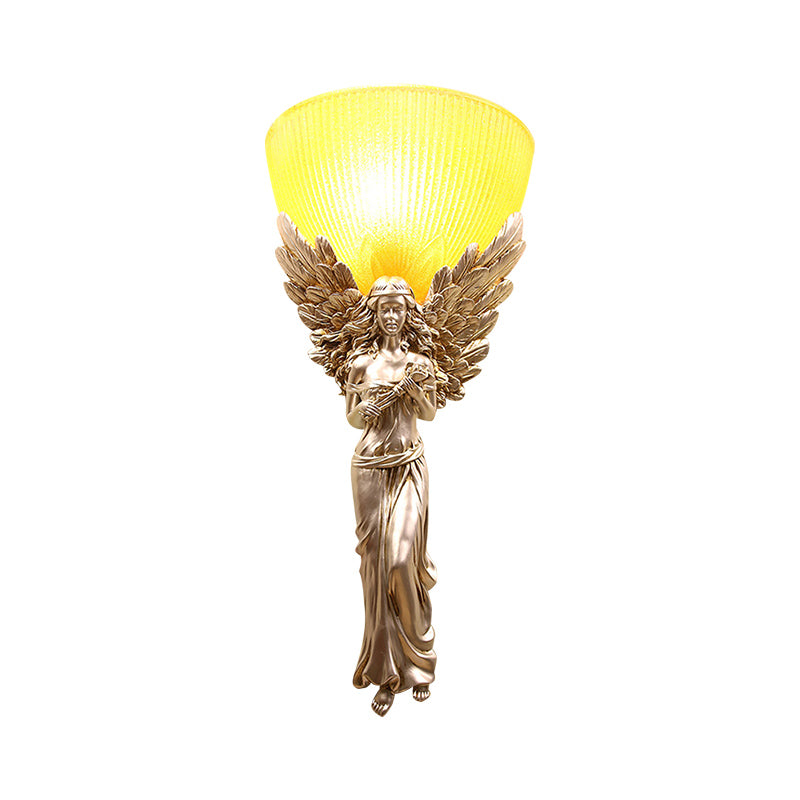 Country Style Resin Angel Sconce Light With Yellow Glass Shade - Gold/Silver/White Finish