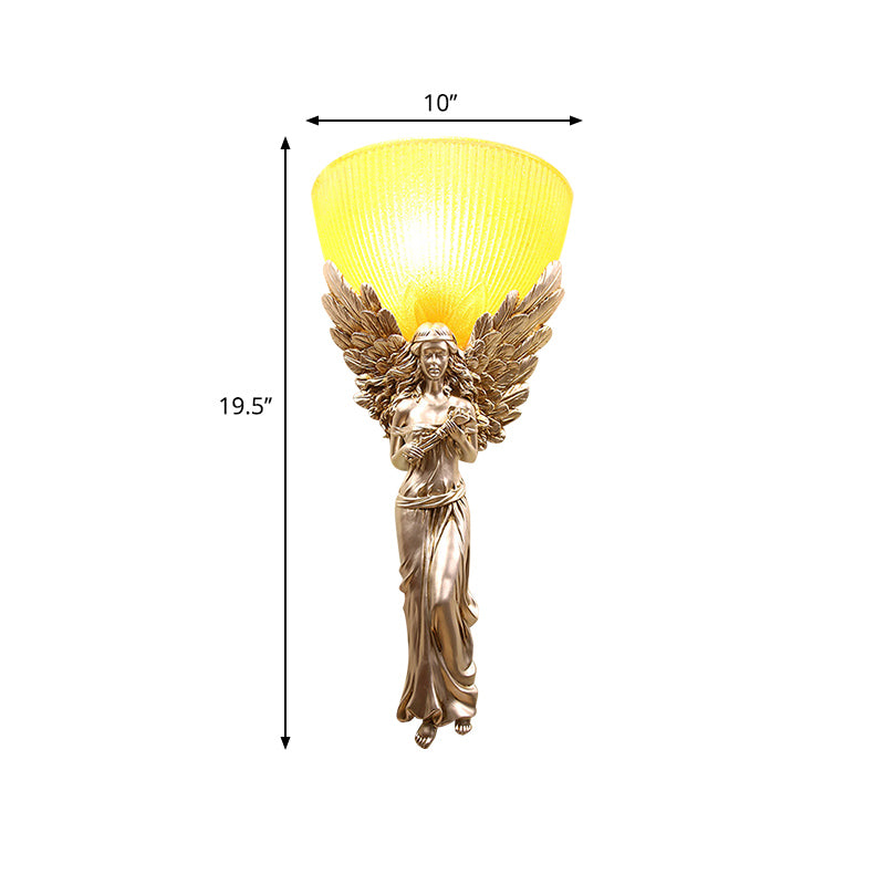 Country Style Resin Angel Sconce Light With Yellow Glass Shade - Gold/Silver/White Finish