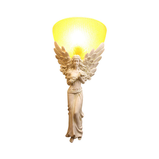 Country Style Resin Angel Sconce Light With Yellow Glass Shade - Gold/Silver/White Finish