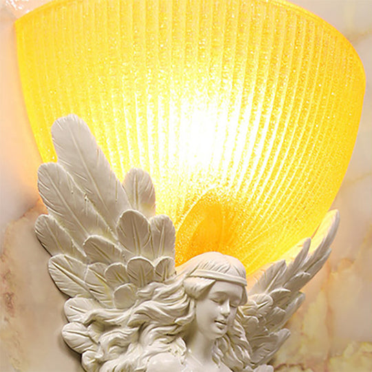 Country Style Resin Angel Sconce Light With Yellow Glass Shade - Gold/Silver/White Finish