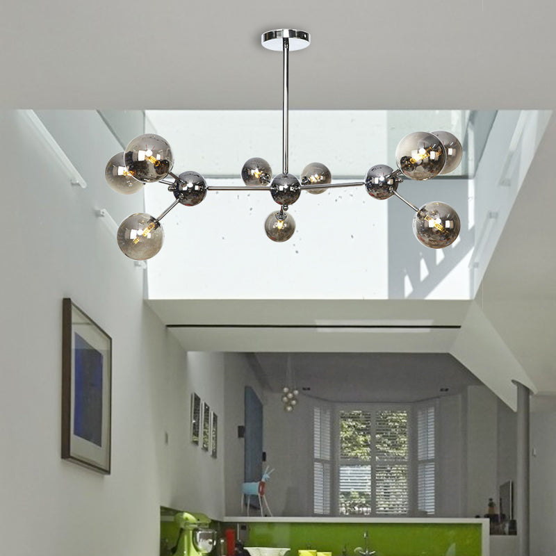 Industrial Style Hanging Chandelier Light With Amber/Clear/Smoke Gray Glass In 3/9/12 Lights -