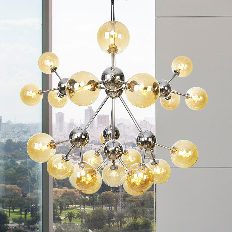 Industrial Style Hanging Chandelier Light With Amber/Clear/Smoke Gray Glass In 3/9/12 Lights -