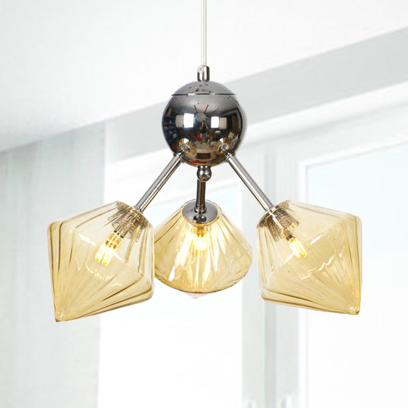 Industrial Stylish Glass Diamond Pendant Light Chandelier - 3/9/12 Bulbs, Amber/Clear Glass, 13"/27.5"/34" Width