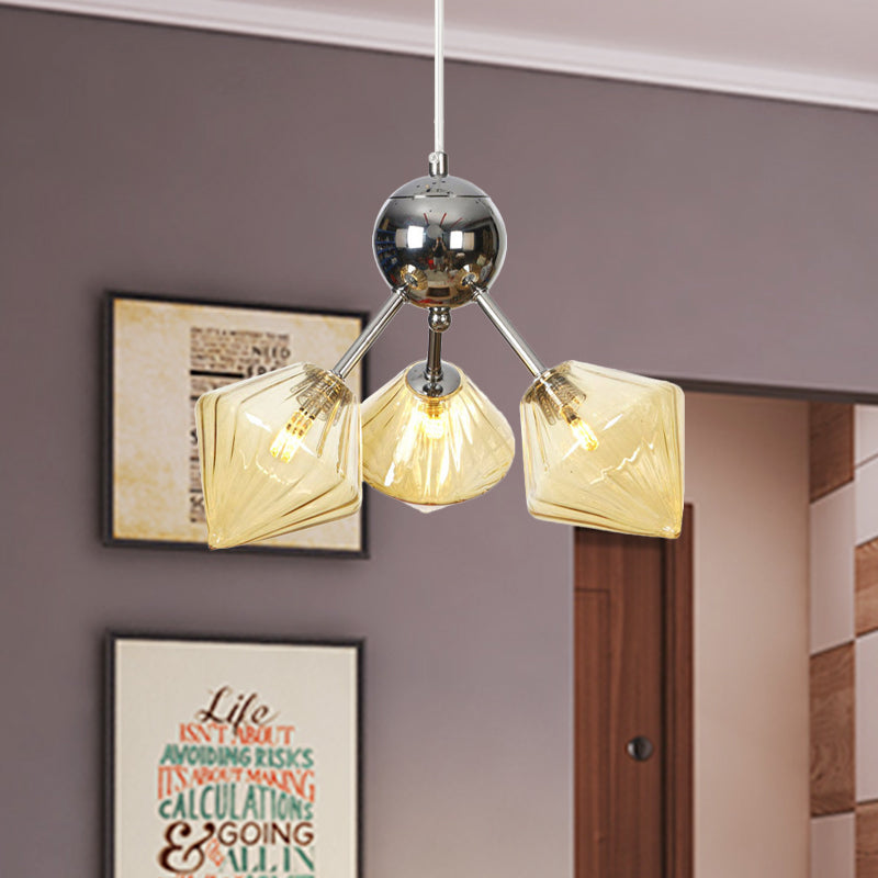 Industrial Stylish Glass Diamond Pendant Light Chandelier - 3/9/12 Bulbs, Amber/Clear Glass, 13"/27.5"/34" Width