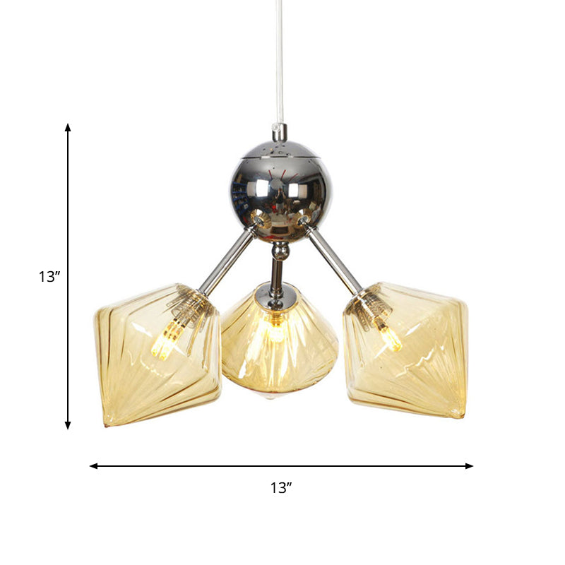 Industrial Stylish Glass Diamond Pendant Light Chandelier - 3/9/12 Bulbs, Amber/Clear Glass, 13"/27.5"/34" Width