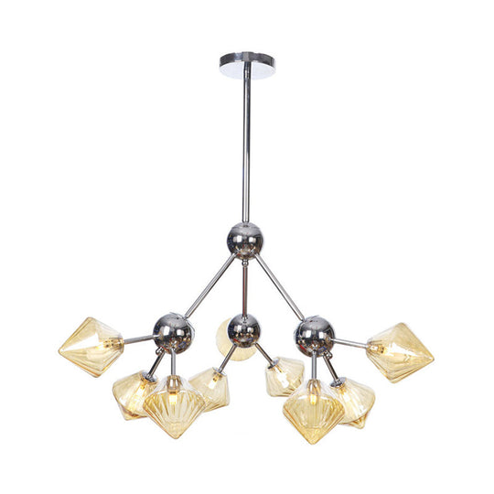 Industrial Stylish Glass Diamond Pendant Light Chandelier - 3/9/12 Bulbs, Amber/Clear Glass, 13"/27.5"/34" Width