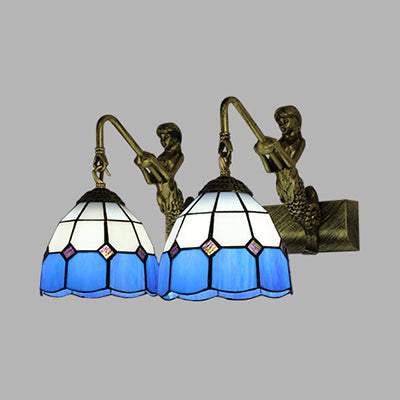 Wall Mounted Antique Brass Sconce Light With Grid Pattern - 2 Heads Baroque Design White/Clear Glass