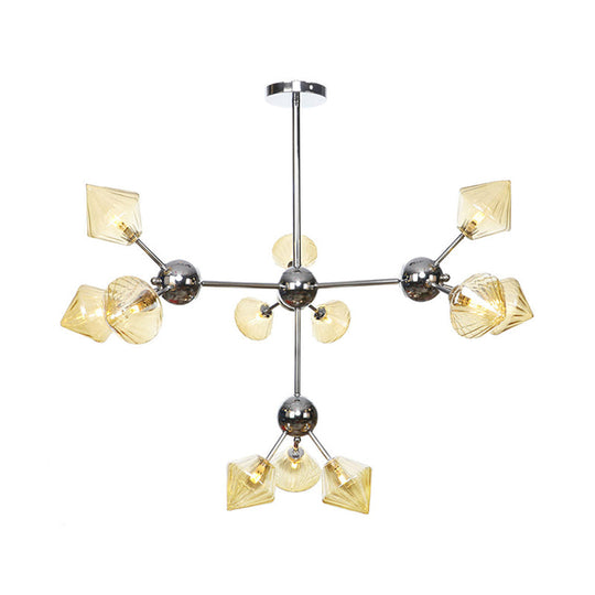 Industrial Stylish Glass Diamond Pendant Light Chandelier - 3/9/12 Bulbs, Amber/Clear Glass, 13"/27.5"/34" Width