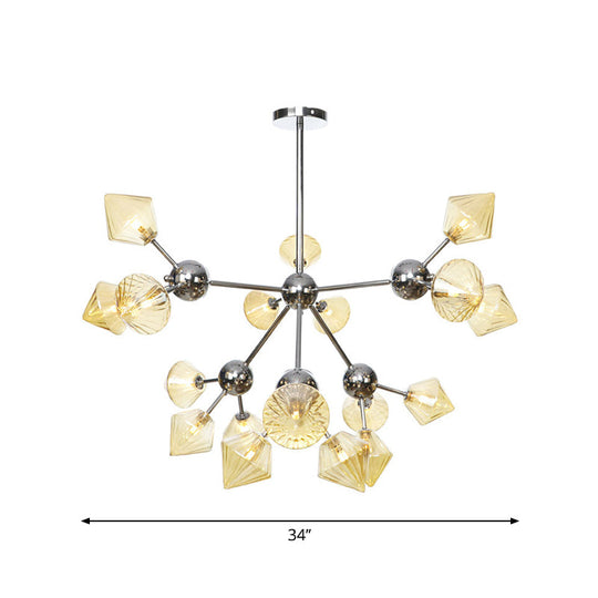 Industrial Stylish Glass Diamond Pendant Light Chandelier - 3/9/12 Bulbs, Amber/Clear Glass, 13"/27.5"/34" Width