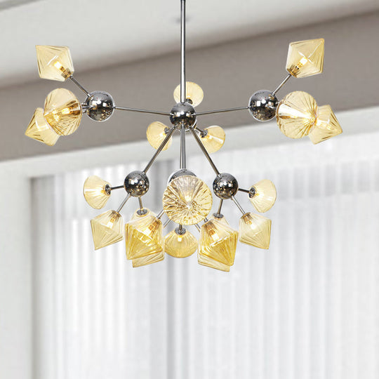 Industrial Stylish Glass Diamond Pendant Light Chandelier - 3/9/12 Bulbs, Amber/Clear Glass, 13"/27.5"/34" Width