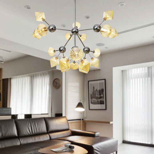 Industrial Stylish Glass Diamond Pendant Light Chandelier - 3/9/12 Bulbs, Amber/Clear Glass, 13"/27.5"/34" Width