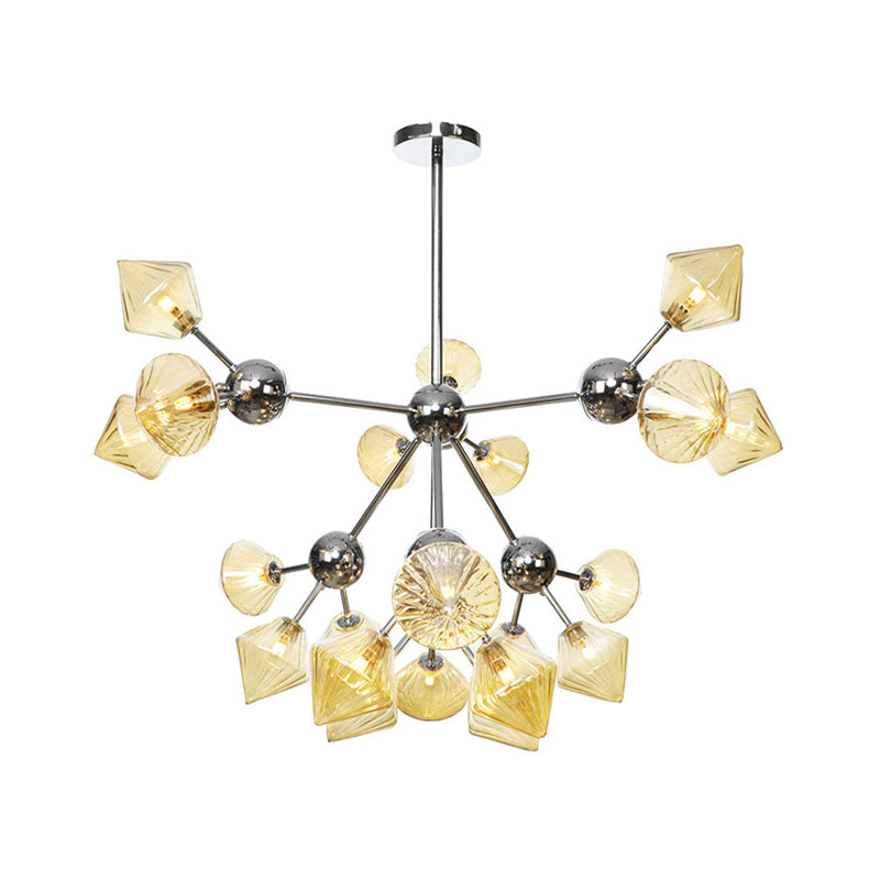 Industrial Stylish Glass Diamond Pendant Light Chandelier - 3/9/12 Bulbs, Amber/Clear Glass, 13"/27.5"/34" Width