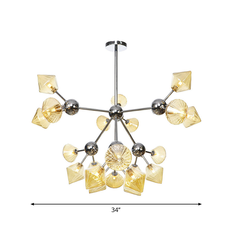 Industrial Stylish Glass Diamond Pendant Light Chandelier - 3/9/12 Bulbs, Amber/Clear Glass, 13"/27.5"/34" Width