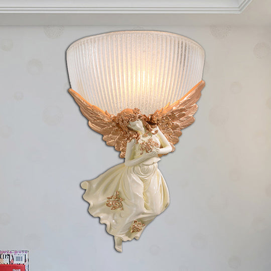 Lodge Style Bowl Frosted Glass Wall Sconce - 10/12 W 1 Bulb Gold/White Angel Design Left/Right