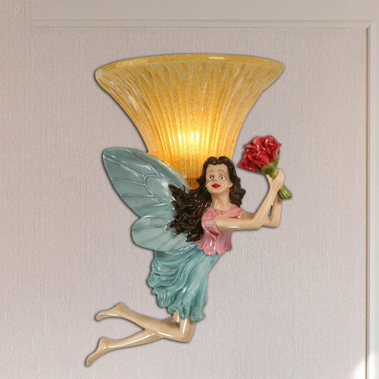 Retro Fairy Wall Sconce Lamp: Blue/Gold Resin 1-Head Fixture With Amber Glass Shade