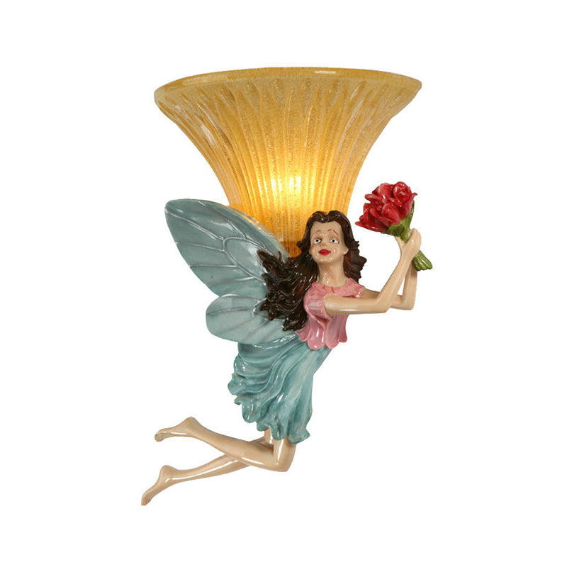 Retro Fairy Wall Sconce Lamp: Blue/Gold Resin 1-Head Fixture With Amber Glass Shade