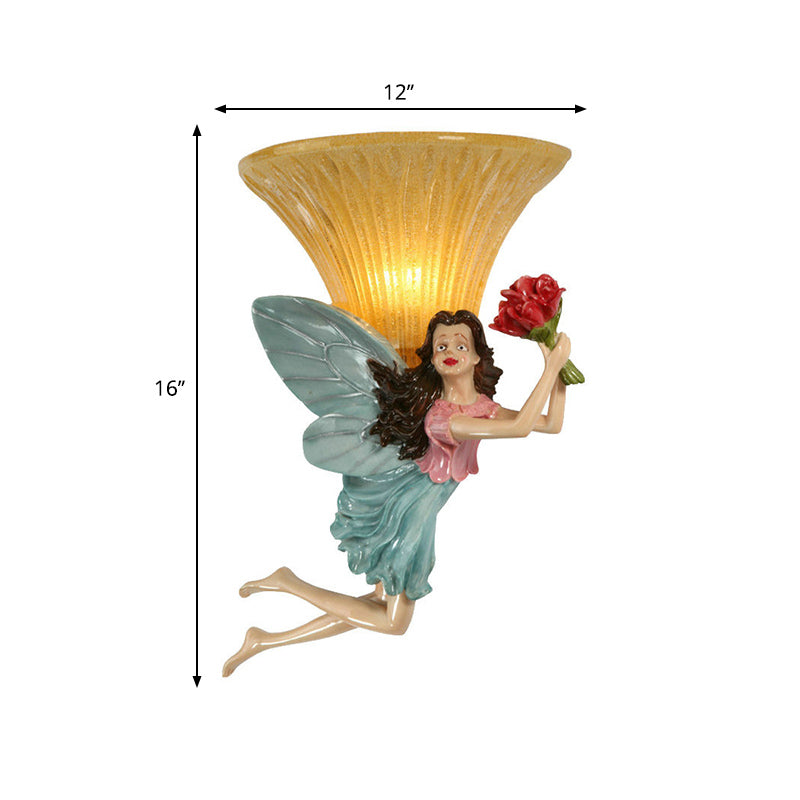 Retro Fairy Wall Sconce Lamp: Blue/Gold Resin 1-Head Fixture With Amber Glass Shade