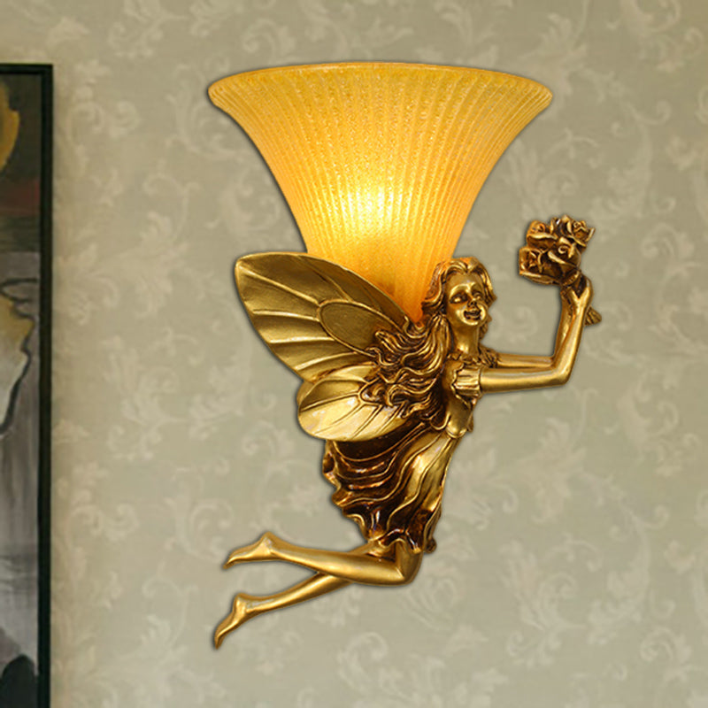 Retro Fairy Wall Sconce Lamp: Blue/Gold Resin 1-Head Fixture With Amber Glass Shade Gold