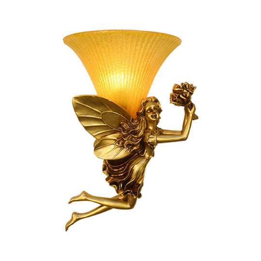 Retro Fairy Wall Sconce Lamp: Blue/Gold Resin 1-Head Fixture With Amber Glass Shade